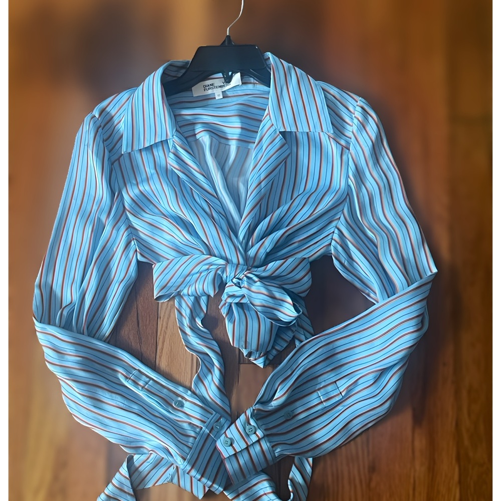 Diane Von Furstenberg Blue Striped Wrap Blouse